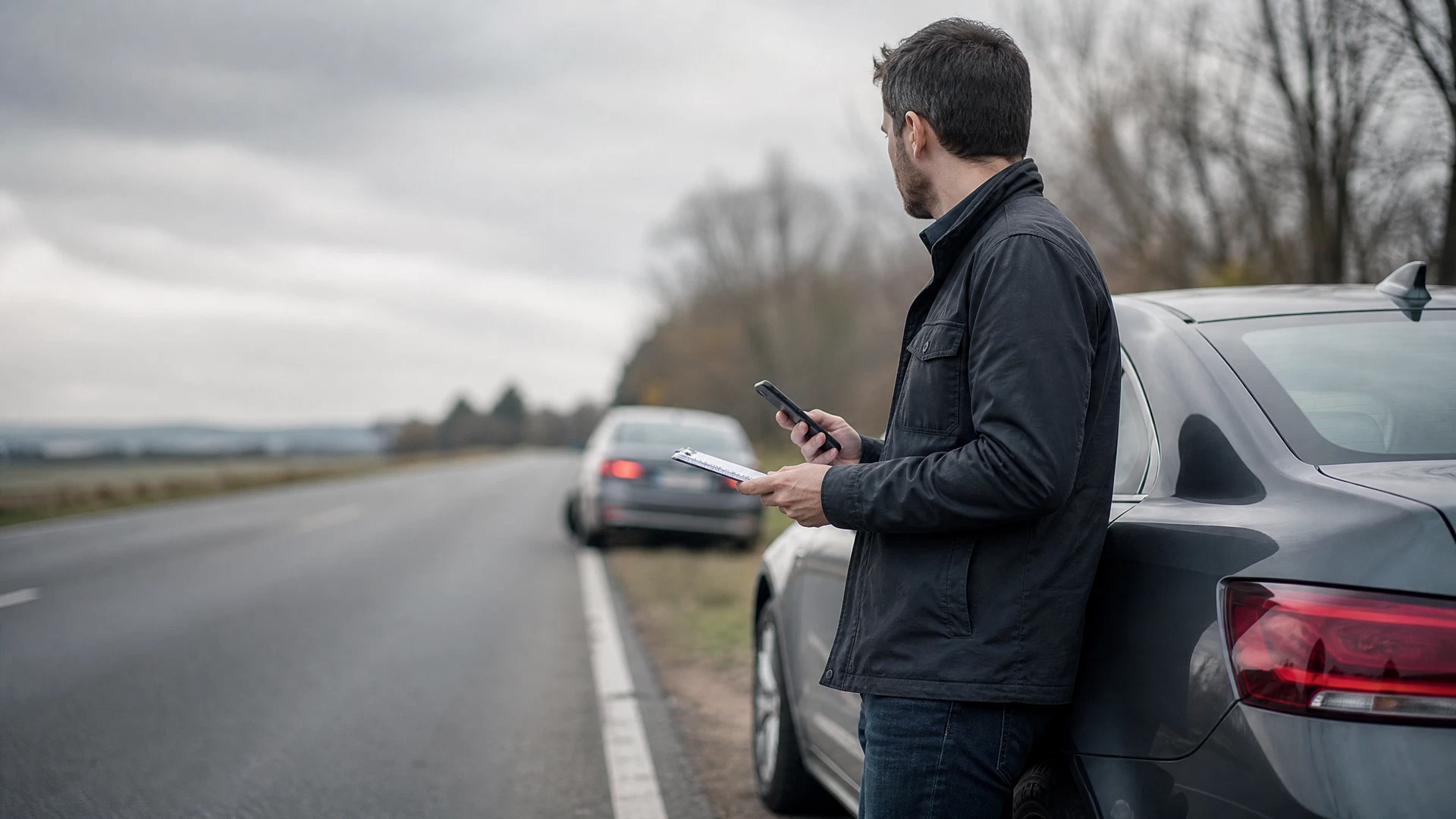 A driver safely recording details beside a car after a minor roadside incident