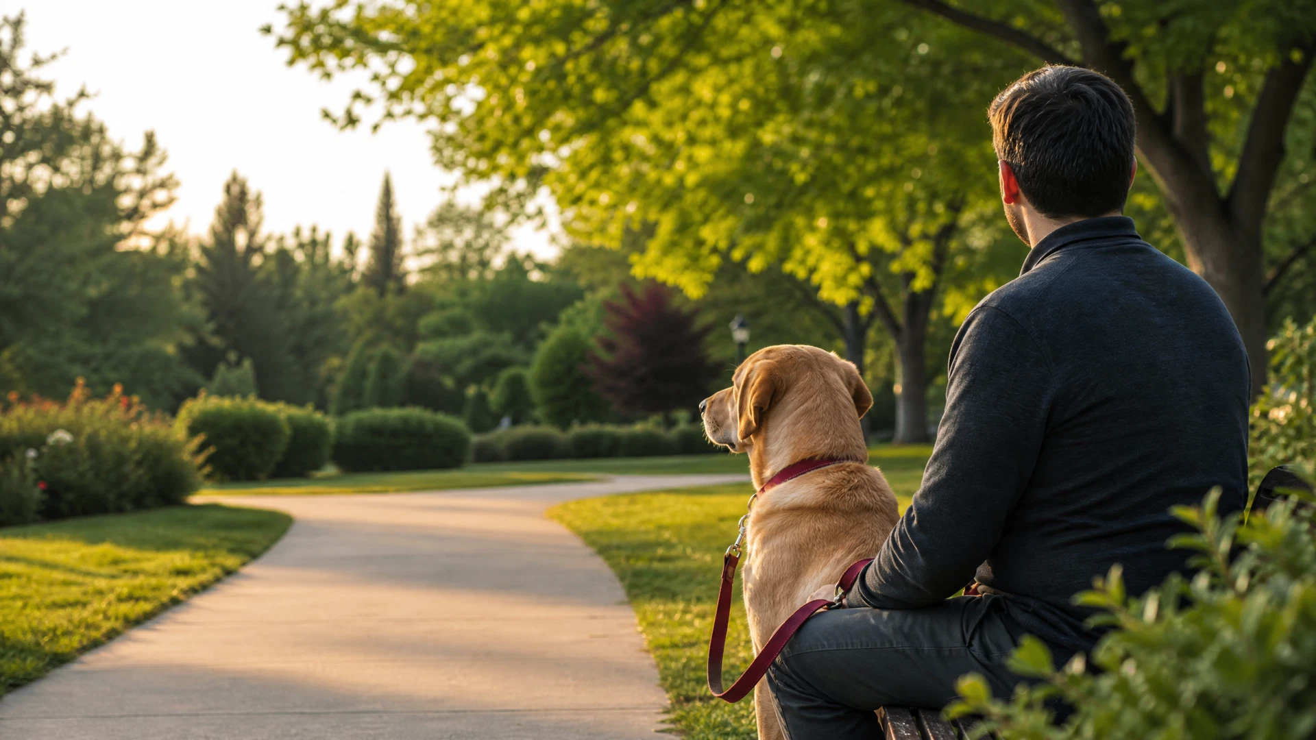 A calm leashed dog sitting beside its owner in a quiet neighborhood park
