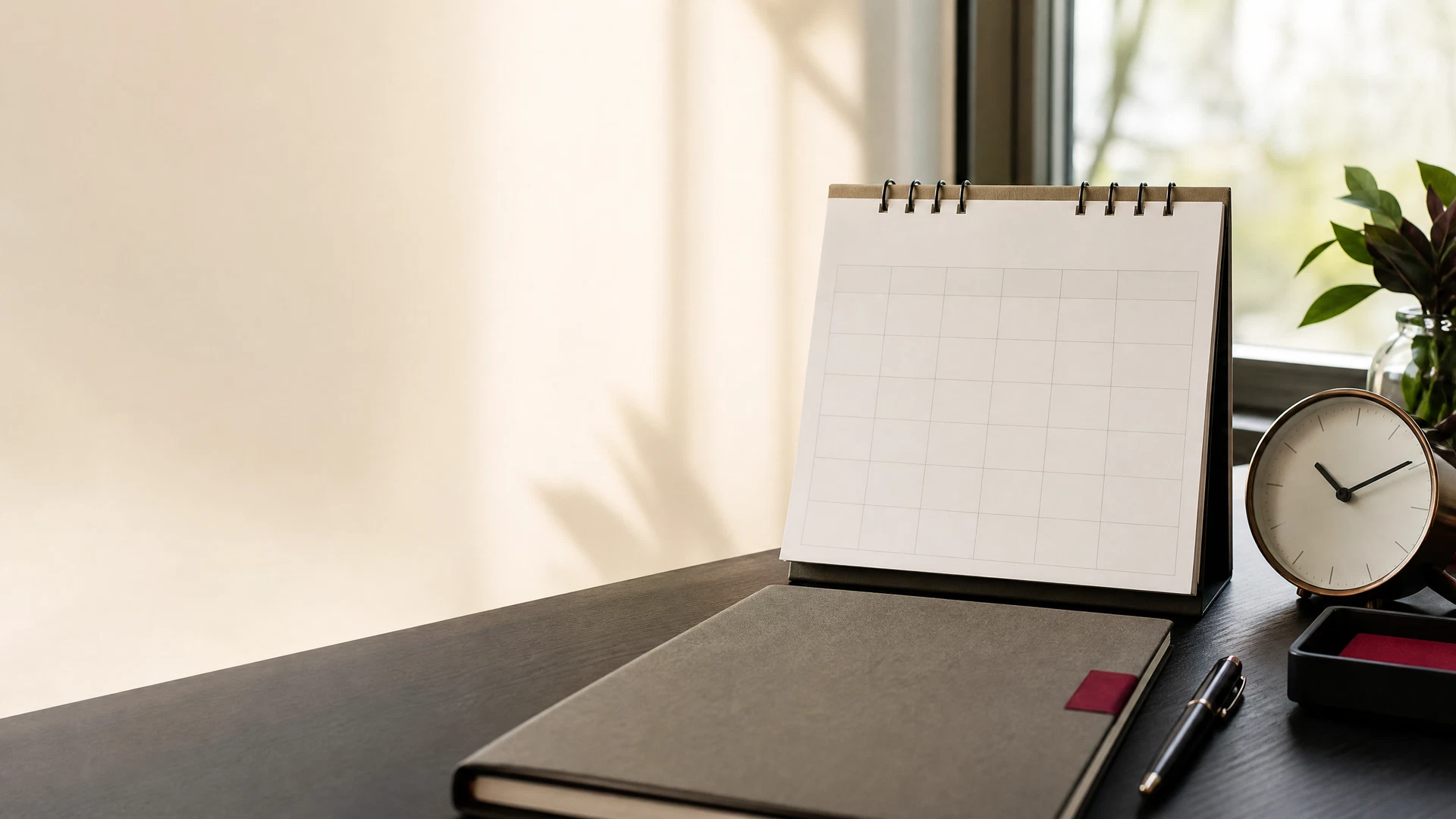 A blank calendar, clock, and organized folder on a desk
