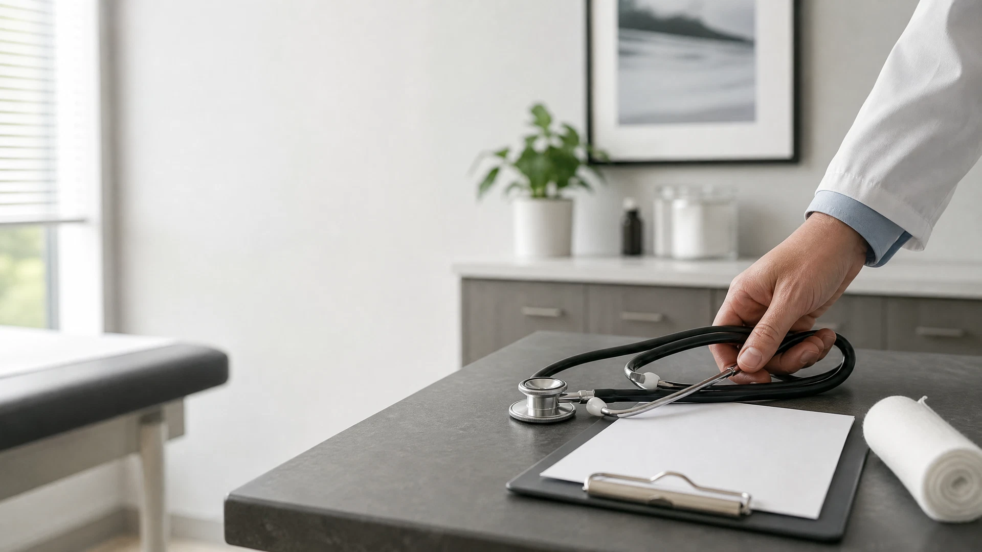 A calm medical examination room with a stethoscope and organized care materials