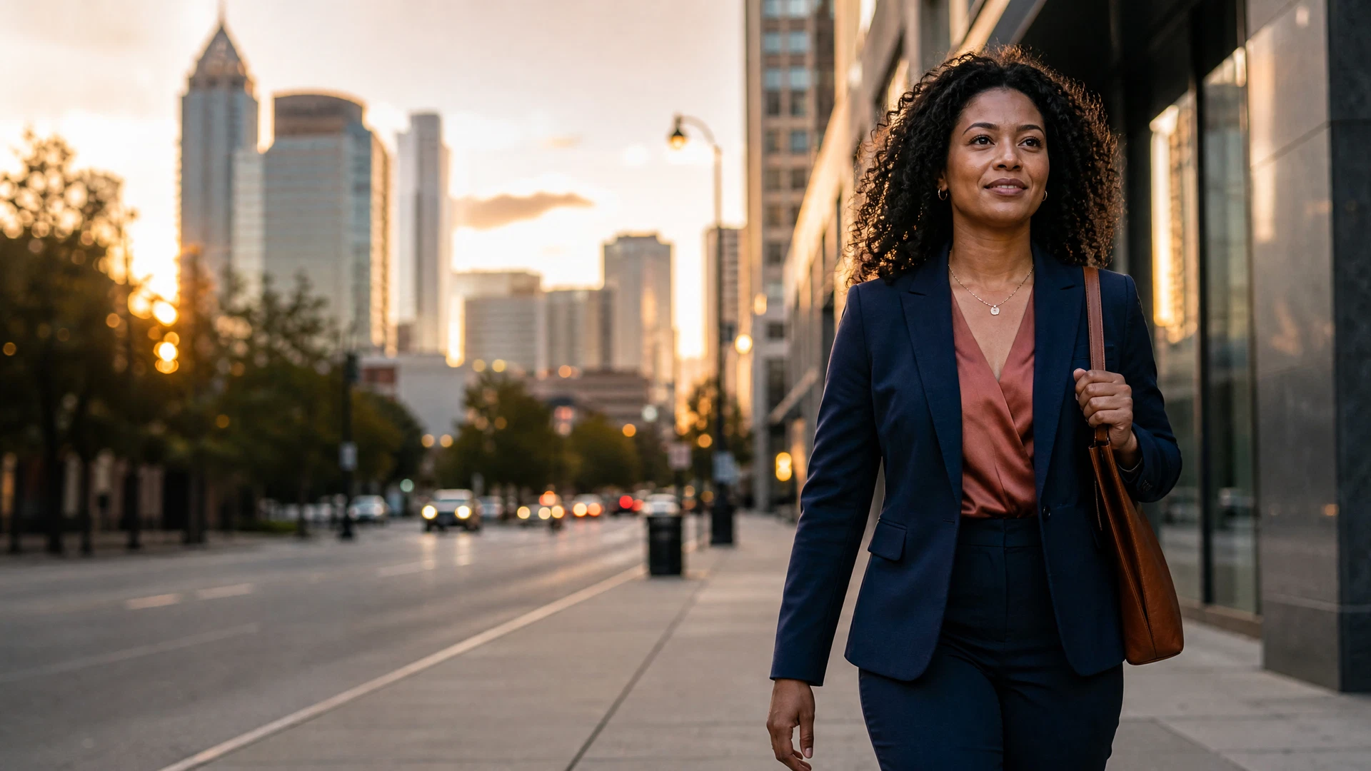 Illustrative professional walking confidently through a city at sunset